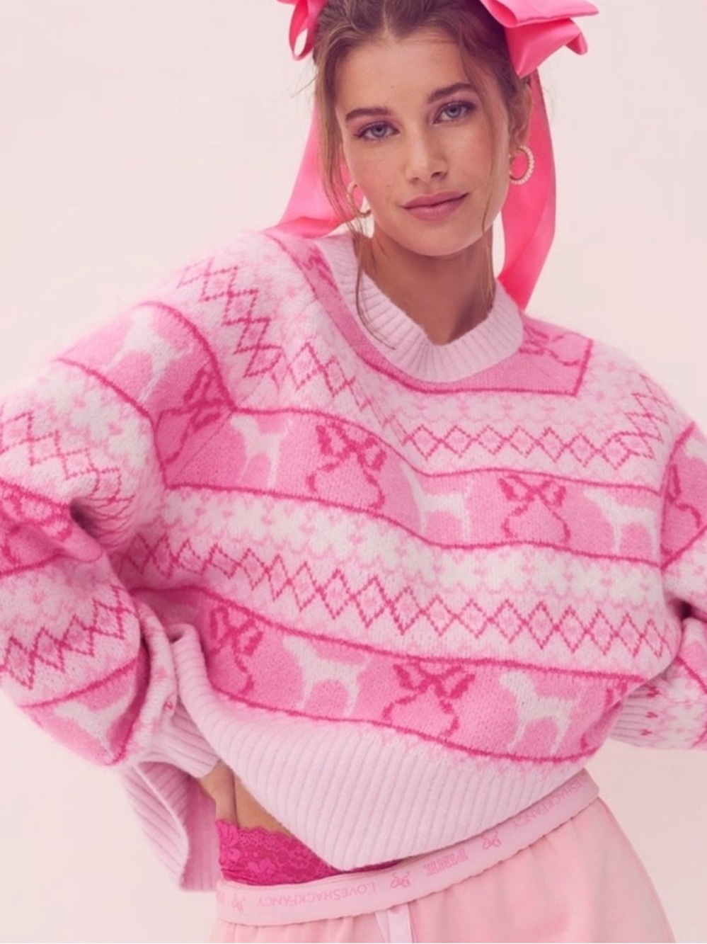 New! LoveShackFancy x Pink Boxy Sweater Dog Bow FairIsle Sweater S 34624